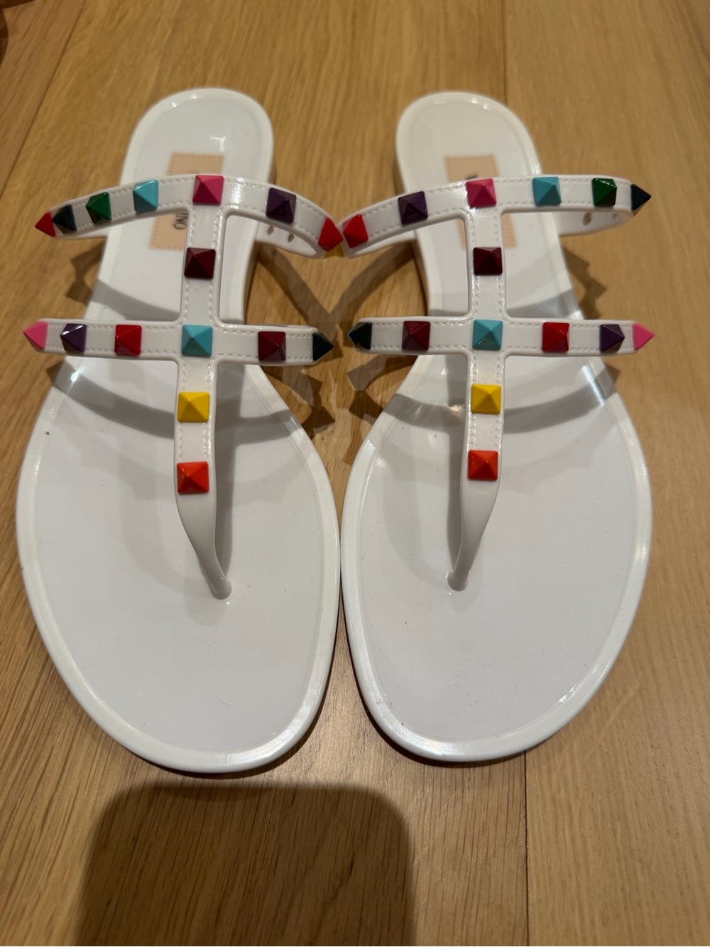 Valentino Garavani White Slide Sandals with Multicolor Pyramid Studs
